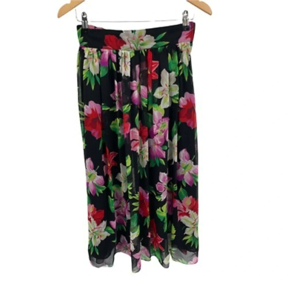 Vintage Gianni Petite Midi Skirt Women Medium‎ Black Floral Elastic Waist